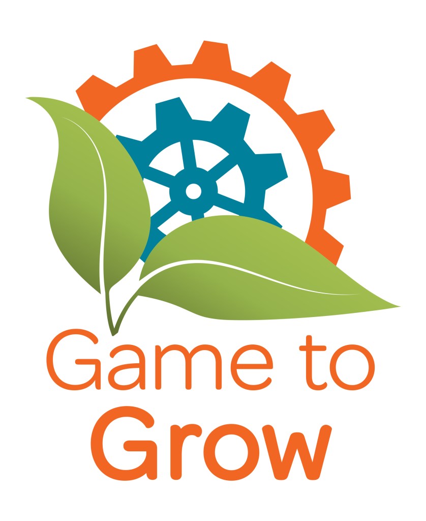 Orange and blue gears with a pari of green leaves with the text Game to Grow beneath